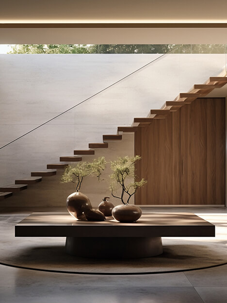 Itomori - Biografía Salón moderno con Un Bonsai en el centro